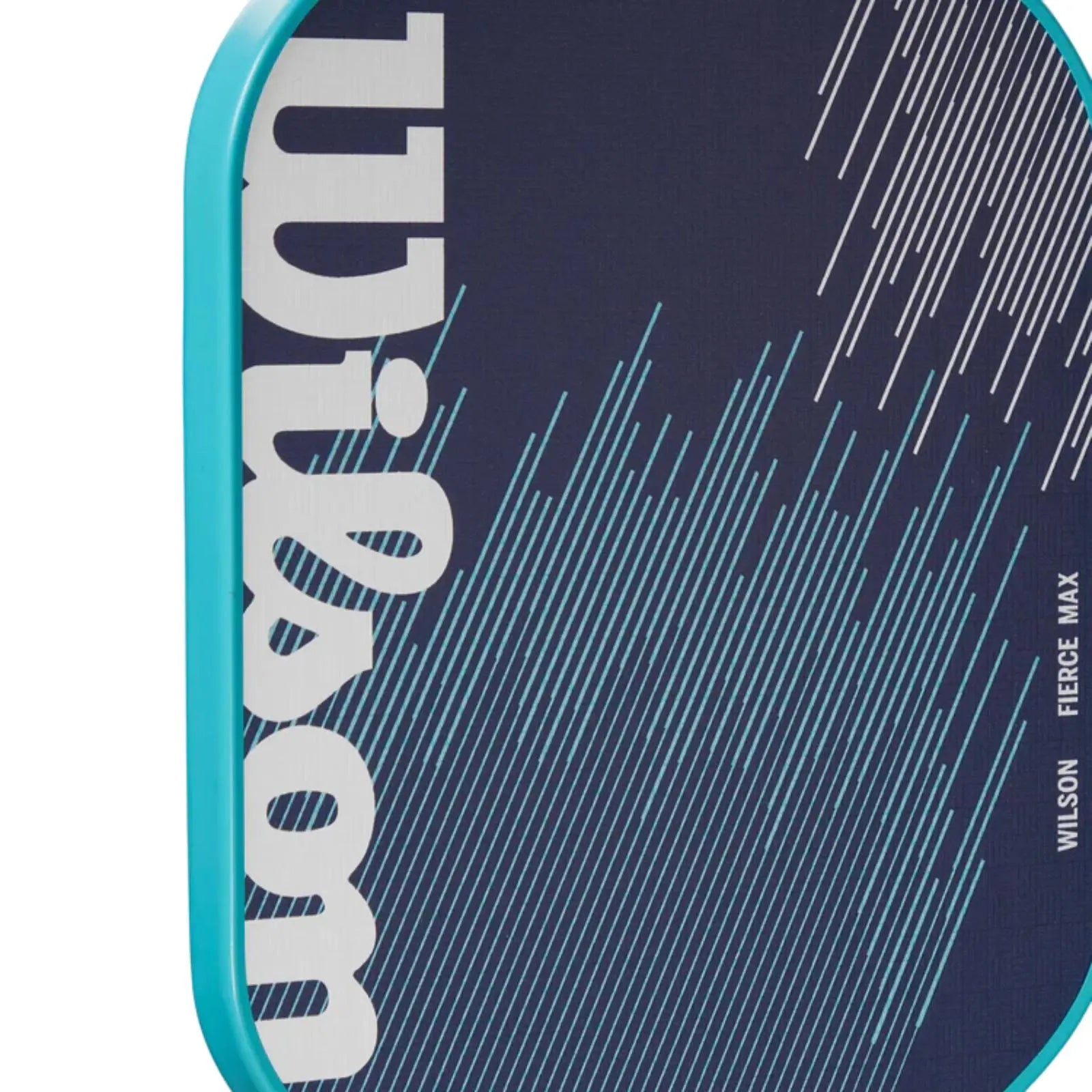 Wilson Fierce Max 13mm pickleball paddle, dark blue with white Wilson logo and blue geometric lines, turquoise edge guard.