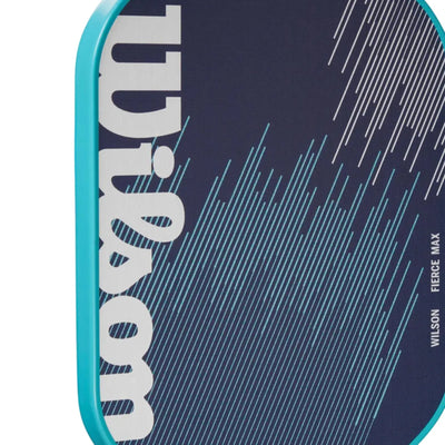 Wilson Fierce Max 13mm pickleball paddle, dark blue with white Wilson logo and blue geometric lines, turquoise edge guard.
