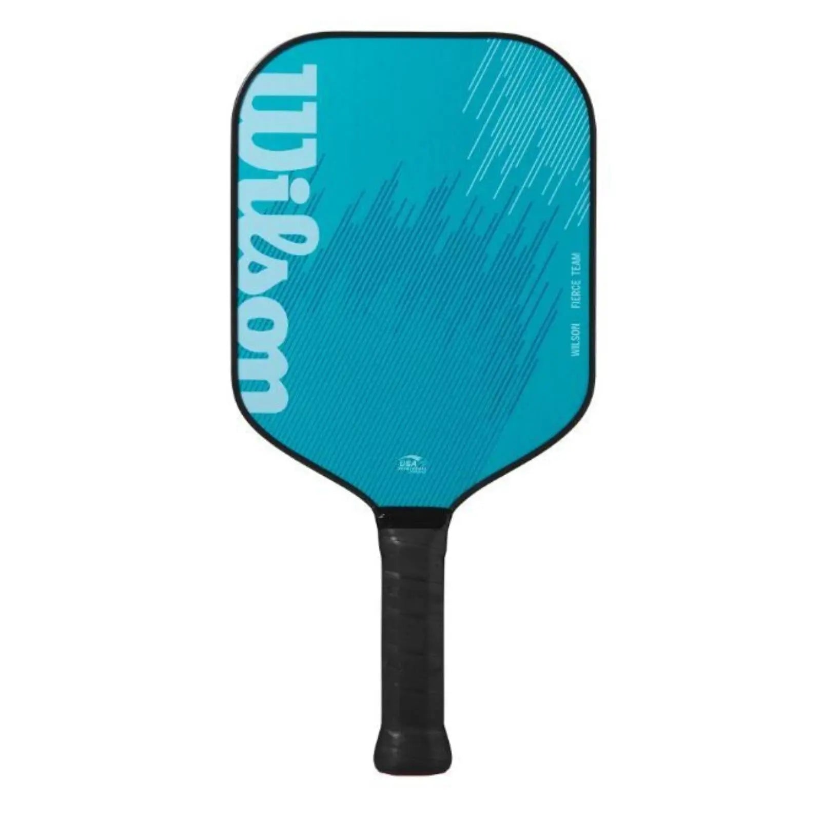 Wilson Fierce Team 13mm blue pickleball paddle with black grip and diagonal line design.