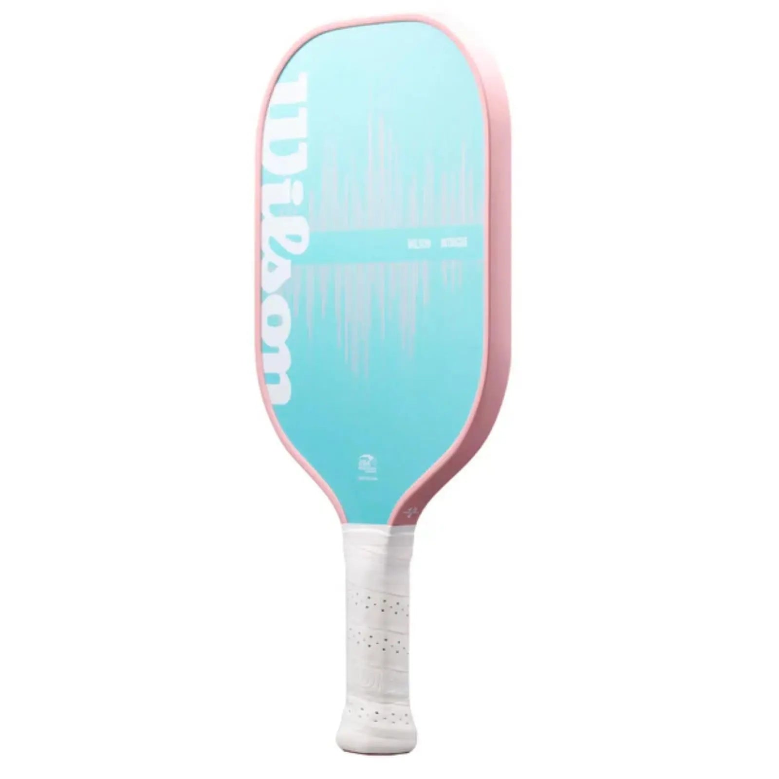 Wilson Intrigue pickleball paddle with a light blue face, pink edgeguard, and white grip.