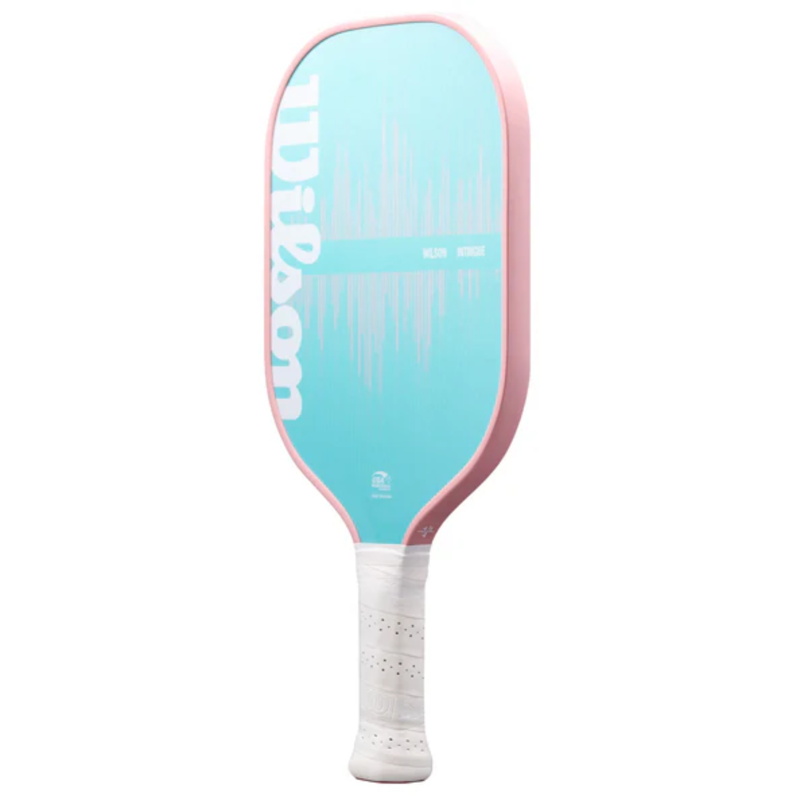 Wilson Intrigue pickleball paddle with a light blue face, pink edgeguard, and white grip.