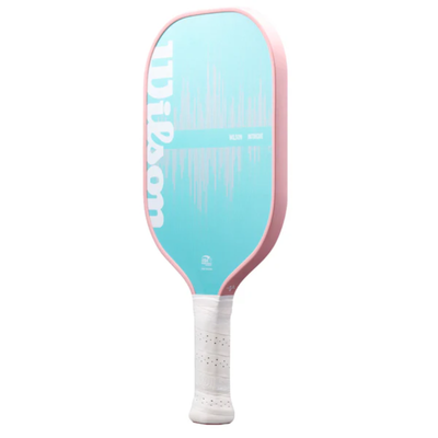 Wilson Intrigue pickleball paddle with a light blue face, pink edgeguard, and white grip.