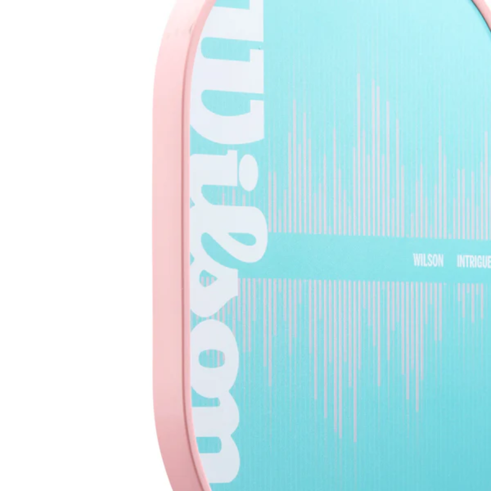 Wilson Intrigue pickleball paddle with a light blue face, white logo, and pink edgeguard.