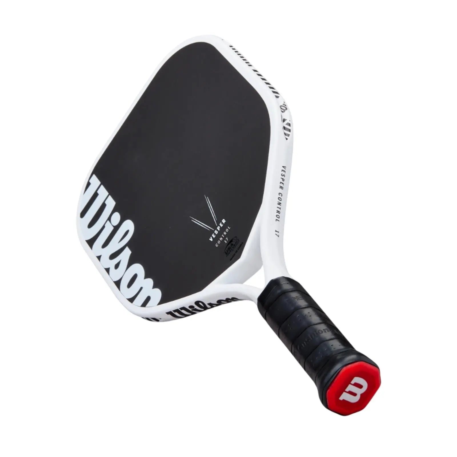 White and black Wilson Vesper Control 17 pickleball paddle with raw carbon face and red grip accent.