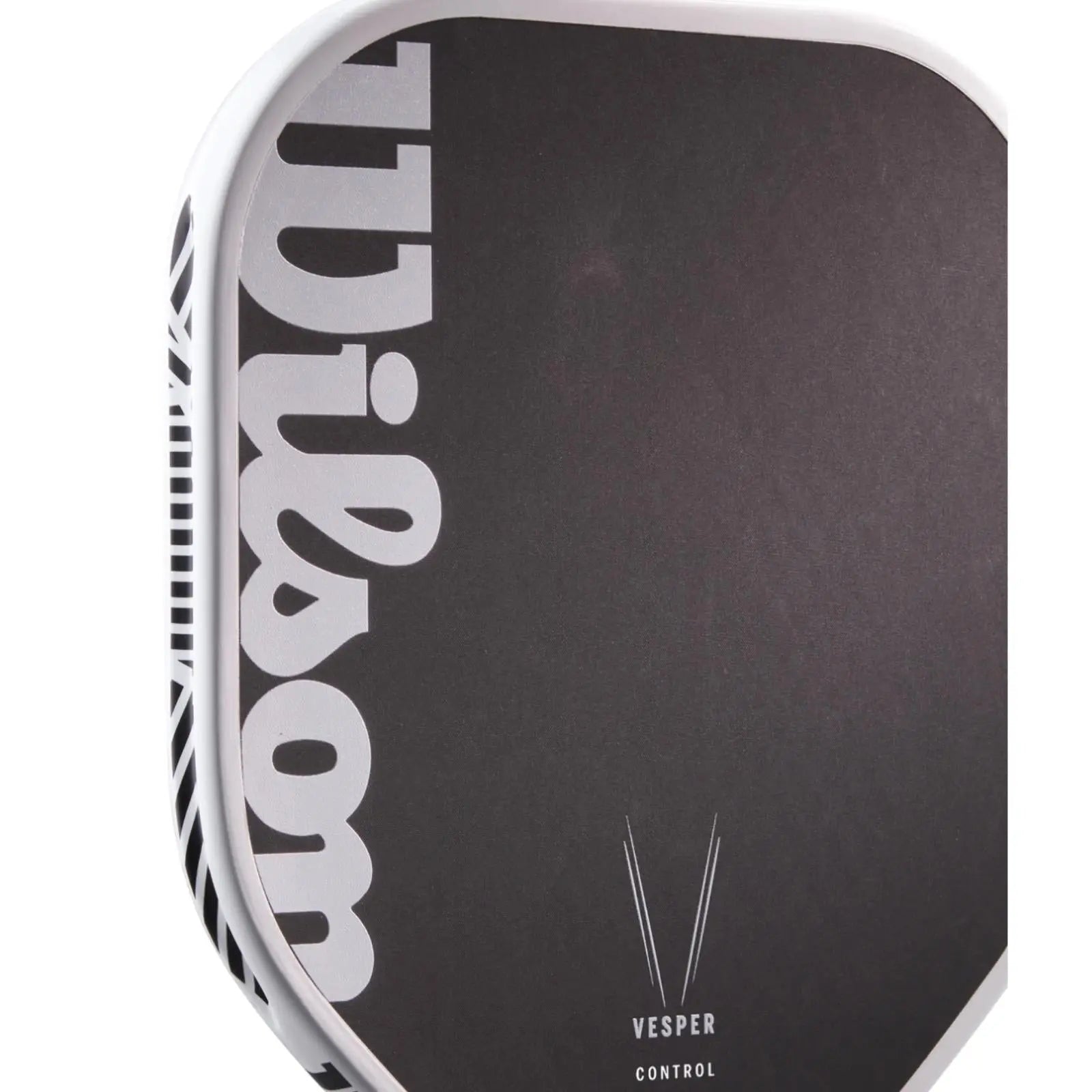 Black Wilson Vesper Control 17 pickleball paddle with white frame and logo, raw carbon face.
