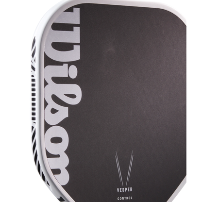 Black Wilson Vesper Control 17 pickleball paddle with white frame and logo, raw carbon face.