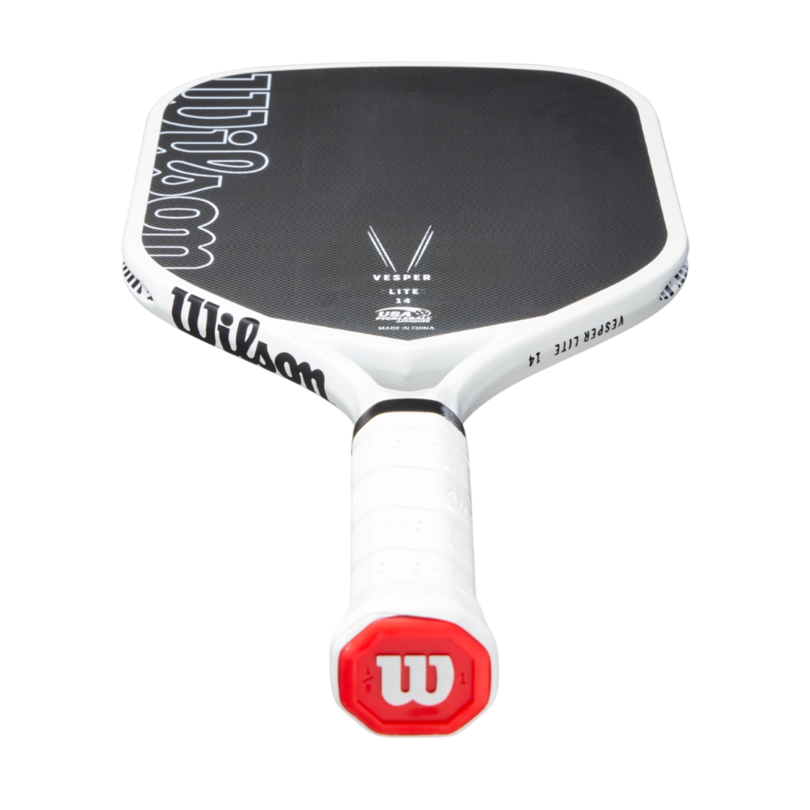 White Wilson Vesper Lite pickleball paddle with black woven carbon face and red handle cap.