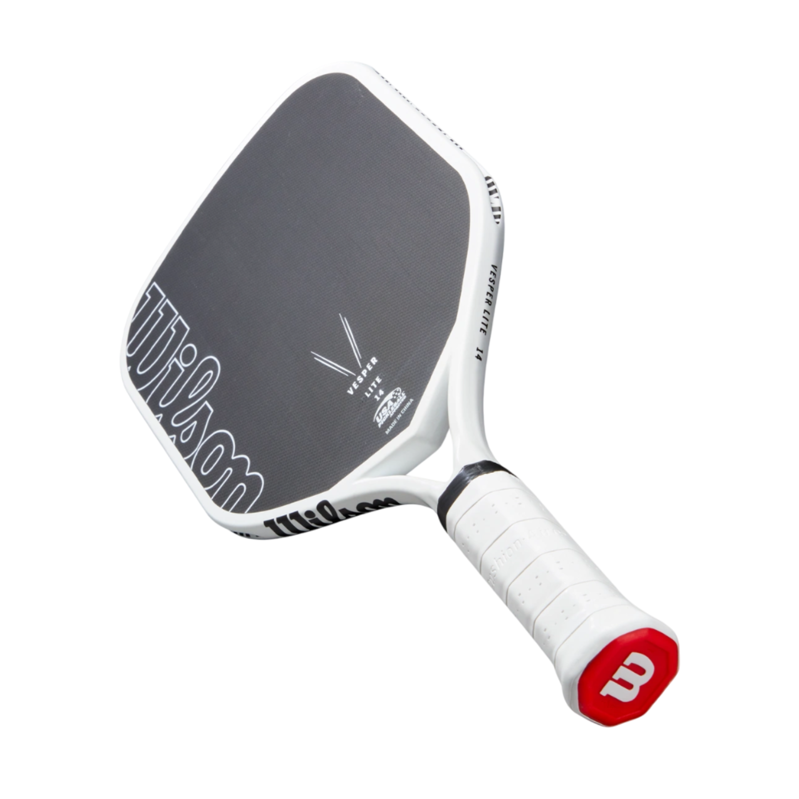 White Wilson Vesper Lite pickleball paddle with black woven carbon face and red grip accent.