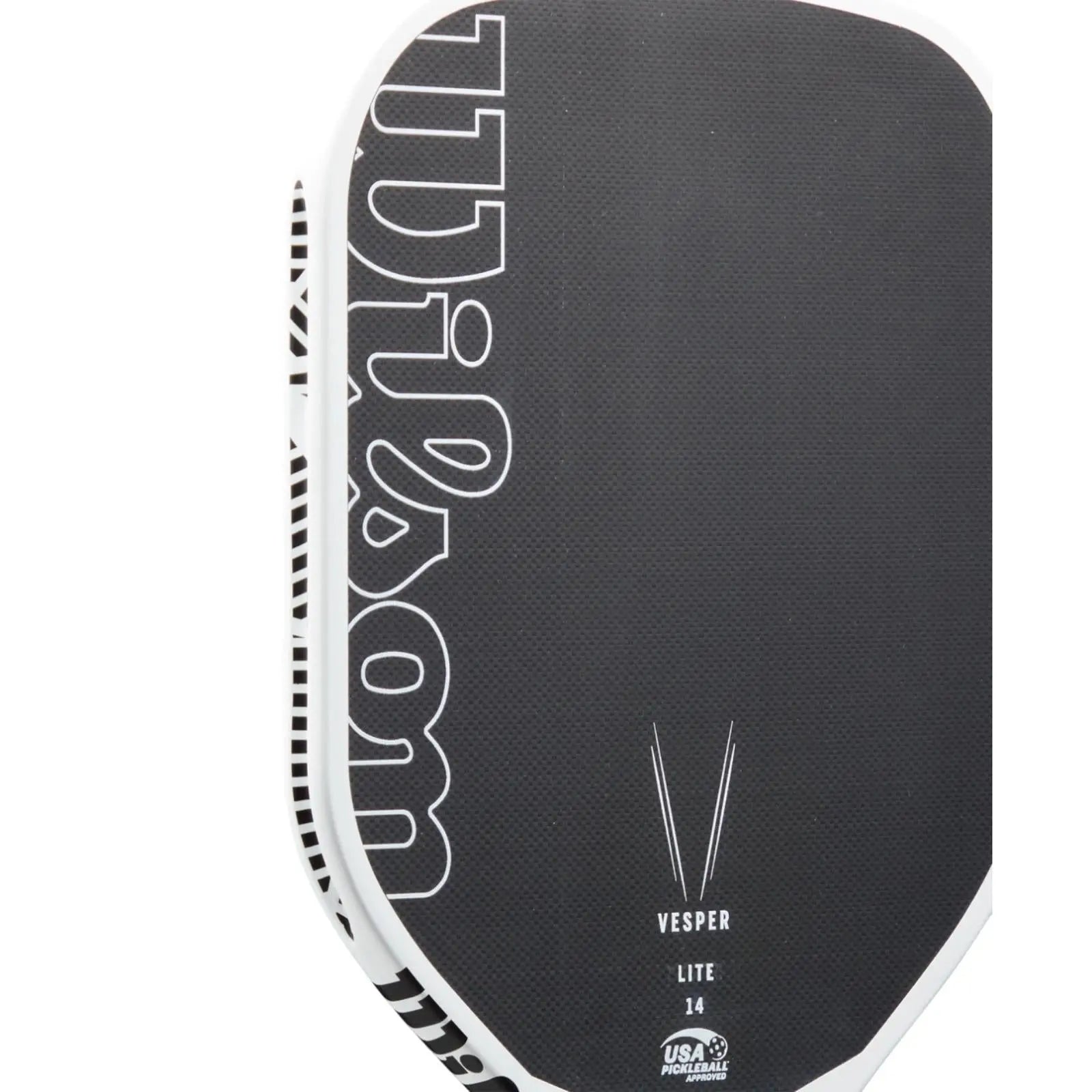Black Wilson Vesper Lite pickleball paddle with white trim, woven carbon face, and USA Pickleball approval.