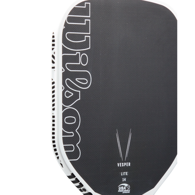 Black Wilson Vesper Lite pickleball paddle with white trim, woven carbon face, and USA Pickleball approval.
