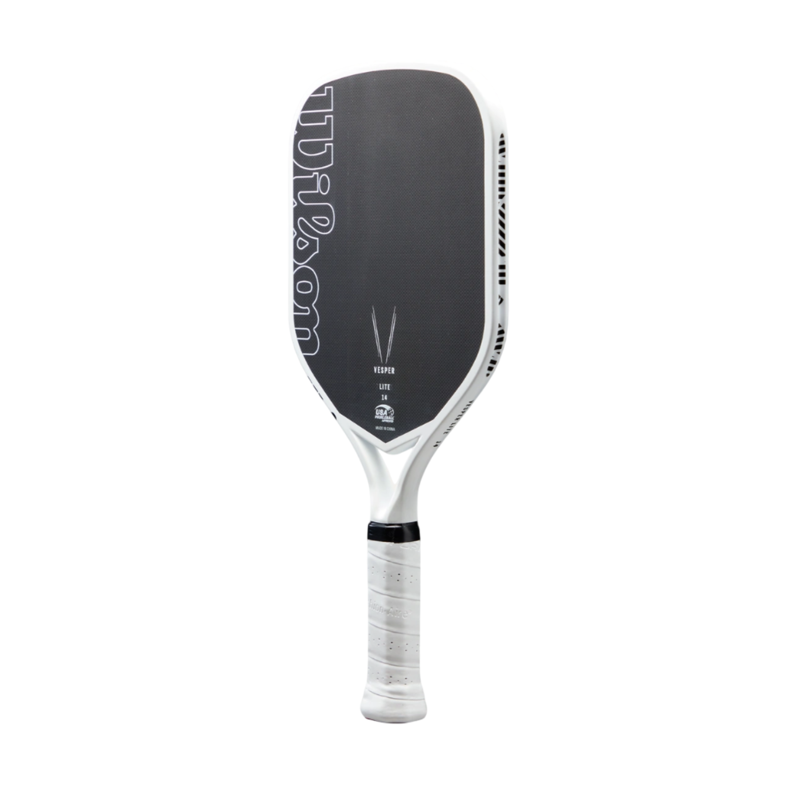 White Wilson Vesper Lite pickleball paddle with black woven carbon face and elongated design.