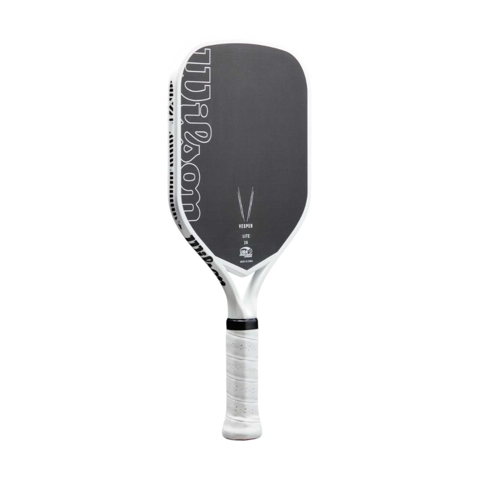 Wilson Vesper Lite pickleball paddle with black carbon face, white frame, and grip.