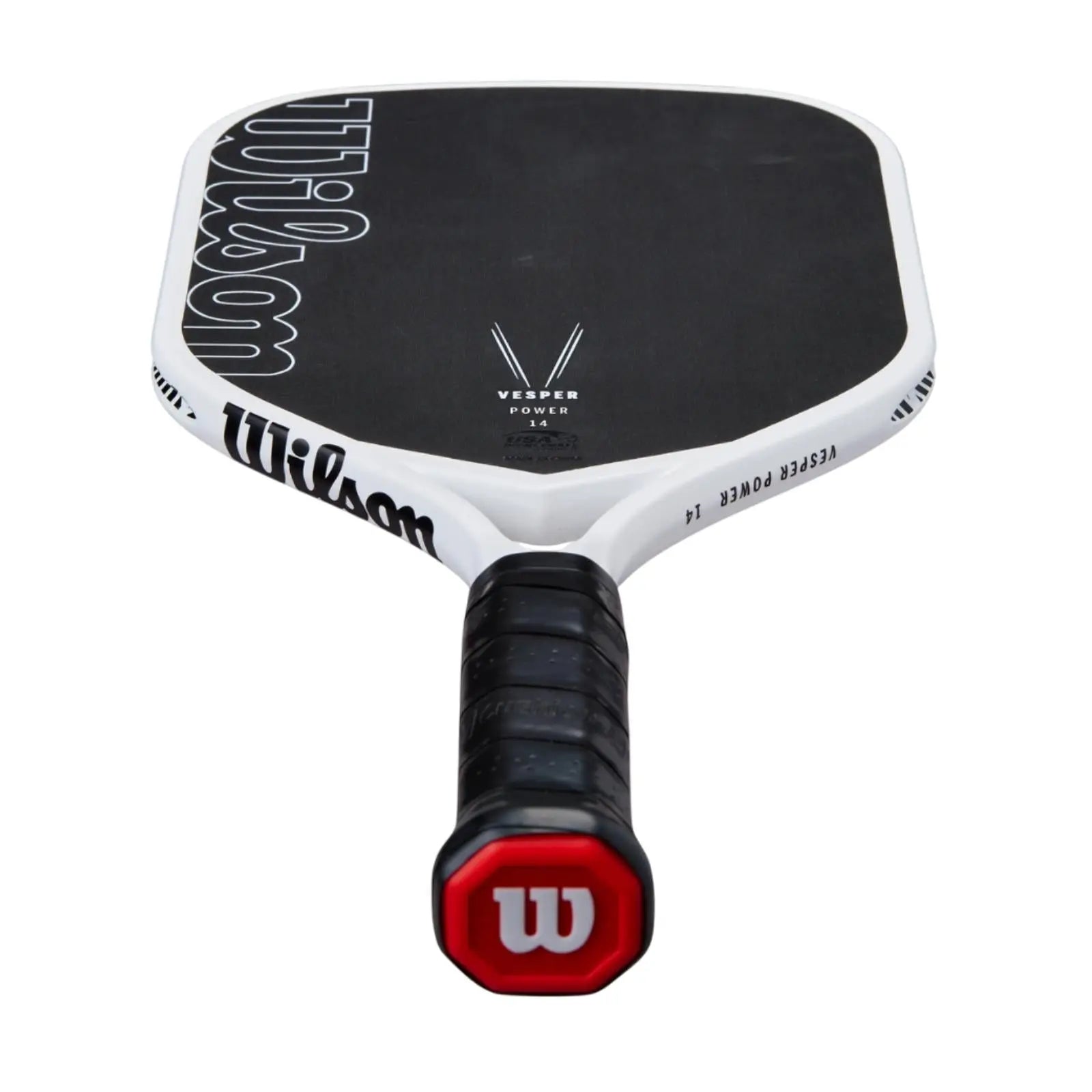 White Wilson Vesper Power 14 pickleball paddle with black face, extended handle, and red butt cap.
