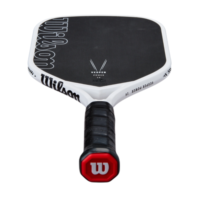 White Wilson Vesper Power 14 pickleball paddle with black face, extended handle, and red butt cap.