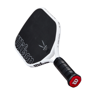 Wilson Vesper Power 14 pickleball paddle with black raw hybrid face, white frame, and black grip.