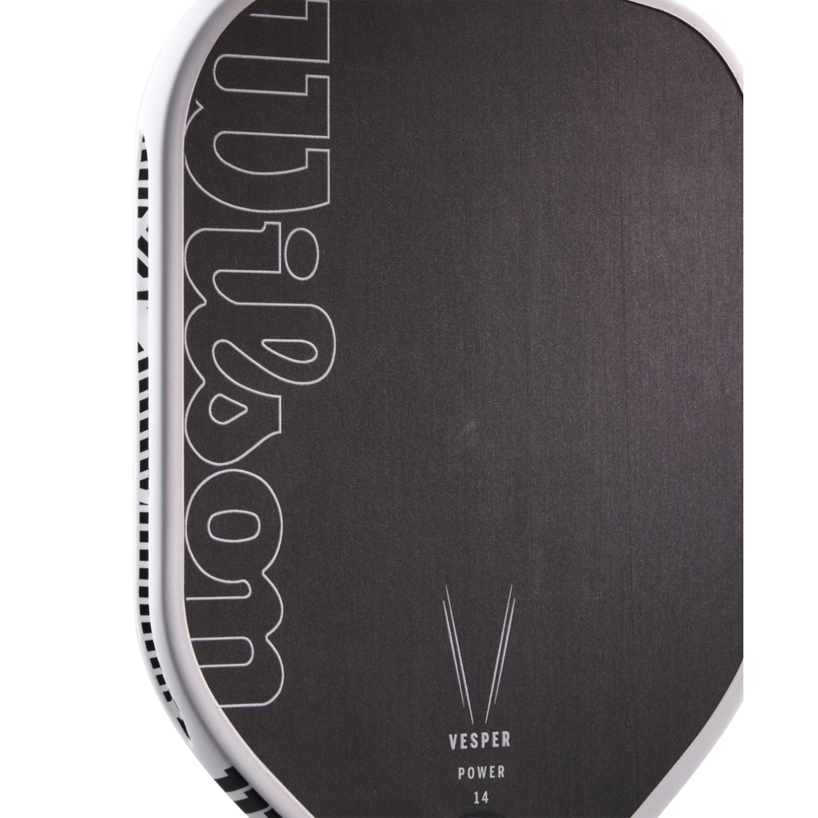 Black Wilson Vesper Power 14 pickleball paddle with white trim and logo, showing raw carbon fiber face.
