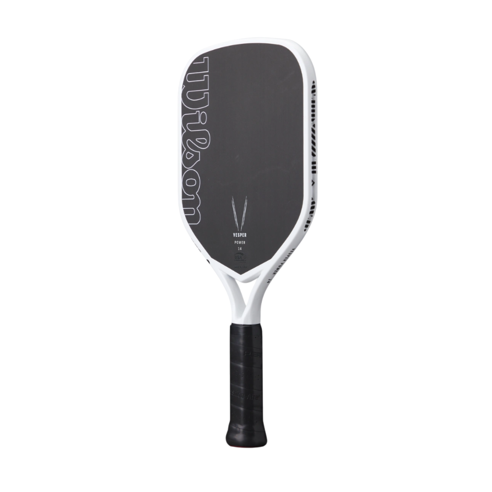 Black and white Wilson Vesper Power 14 pickleball paddle with elongated shape and extended handle.