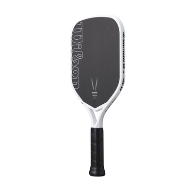 Black and white Wilson Vesper Power 14 pickleball paddle with elongated shape and extended handle.