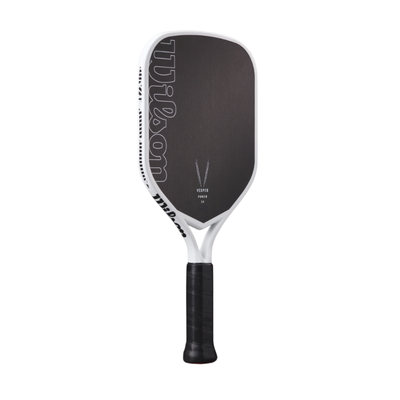 Black and white Wilson Vesper Power 14 pickleball paddle with elongated shape and extended handle.
