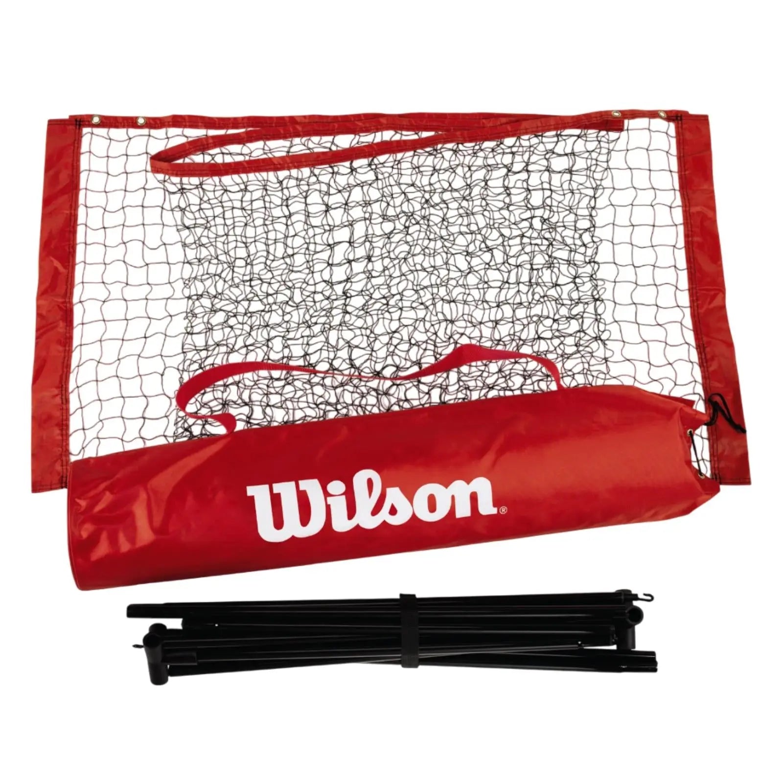 Wilson Starter EZ Net 3.2M, a portable red and black tennis net with a red carrying case and black poles.