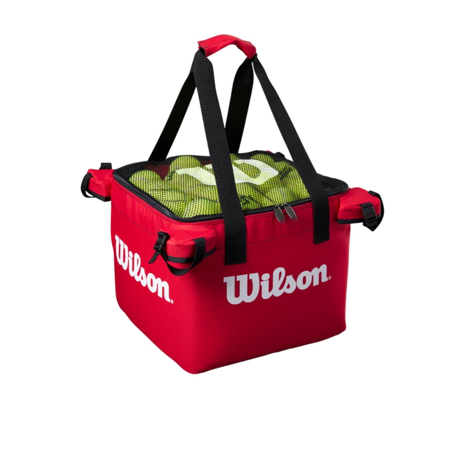 Wilson Teaching Cart Red Bag, a durable red storage bag with a zippered top, filled with tennis balls.