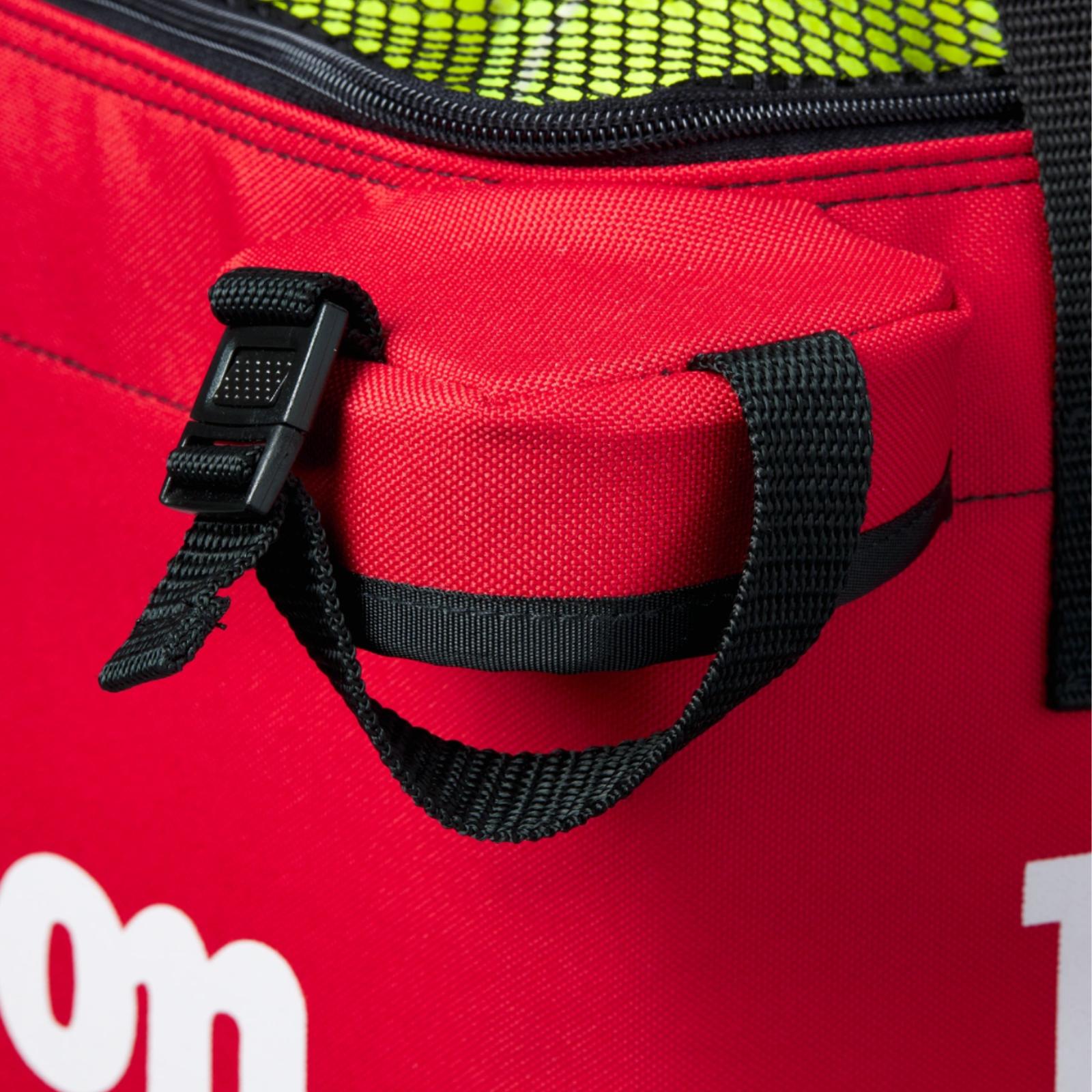 Close-up of a red Wilson teaching cart bag with black straps, buckle, and a zippered top.