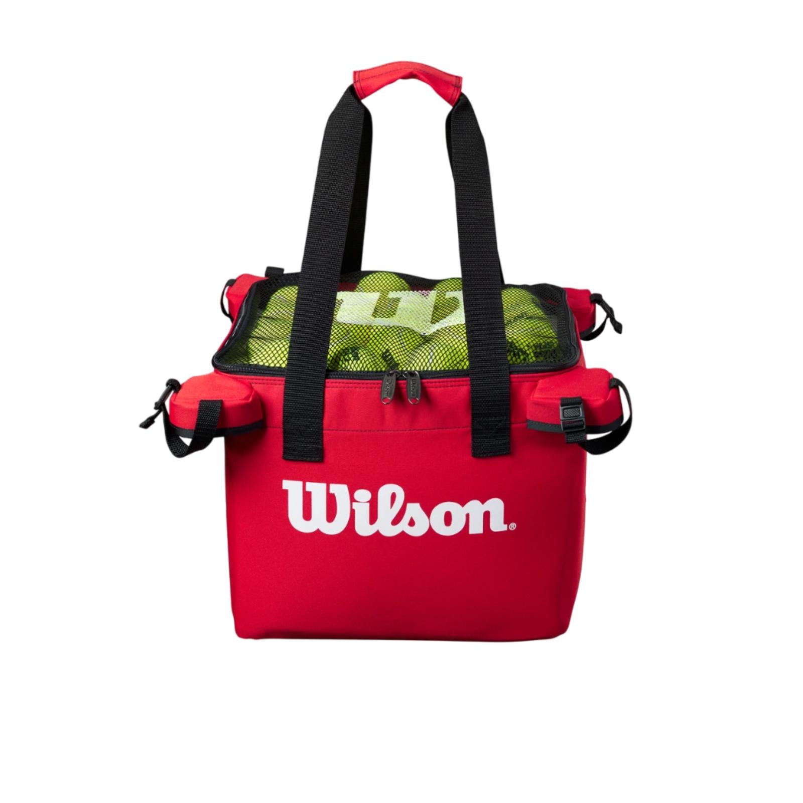 Wilson Teaching Cart Red Bag, a durable red storage bag with a zippered top, filled with tennis balls.