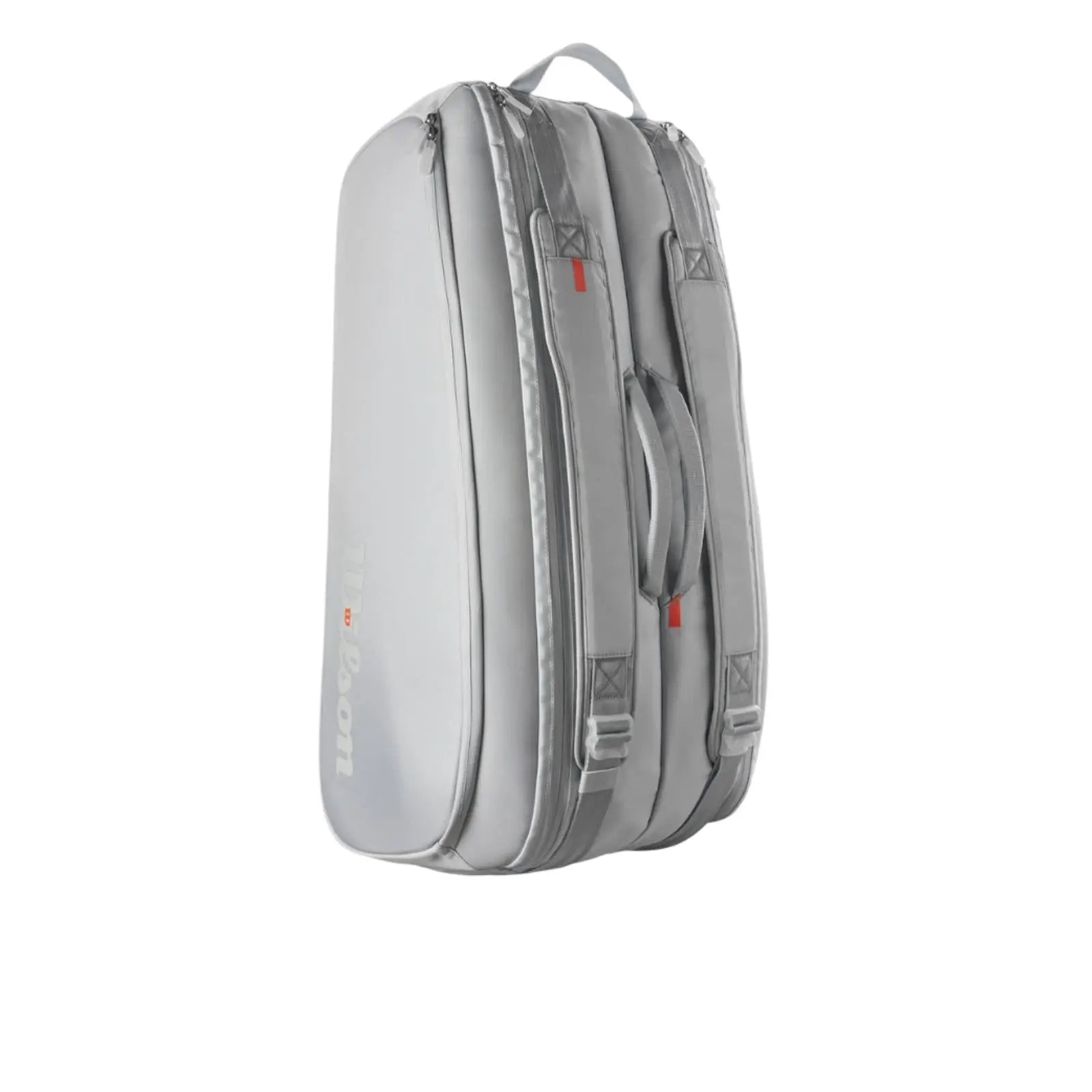 Wilson Shift Super Tour 9 Racquets tennis bag in white, showing its multiple compartments and straps.