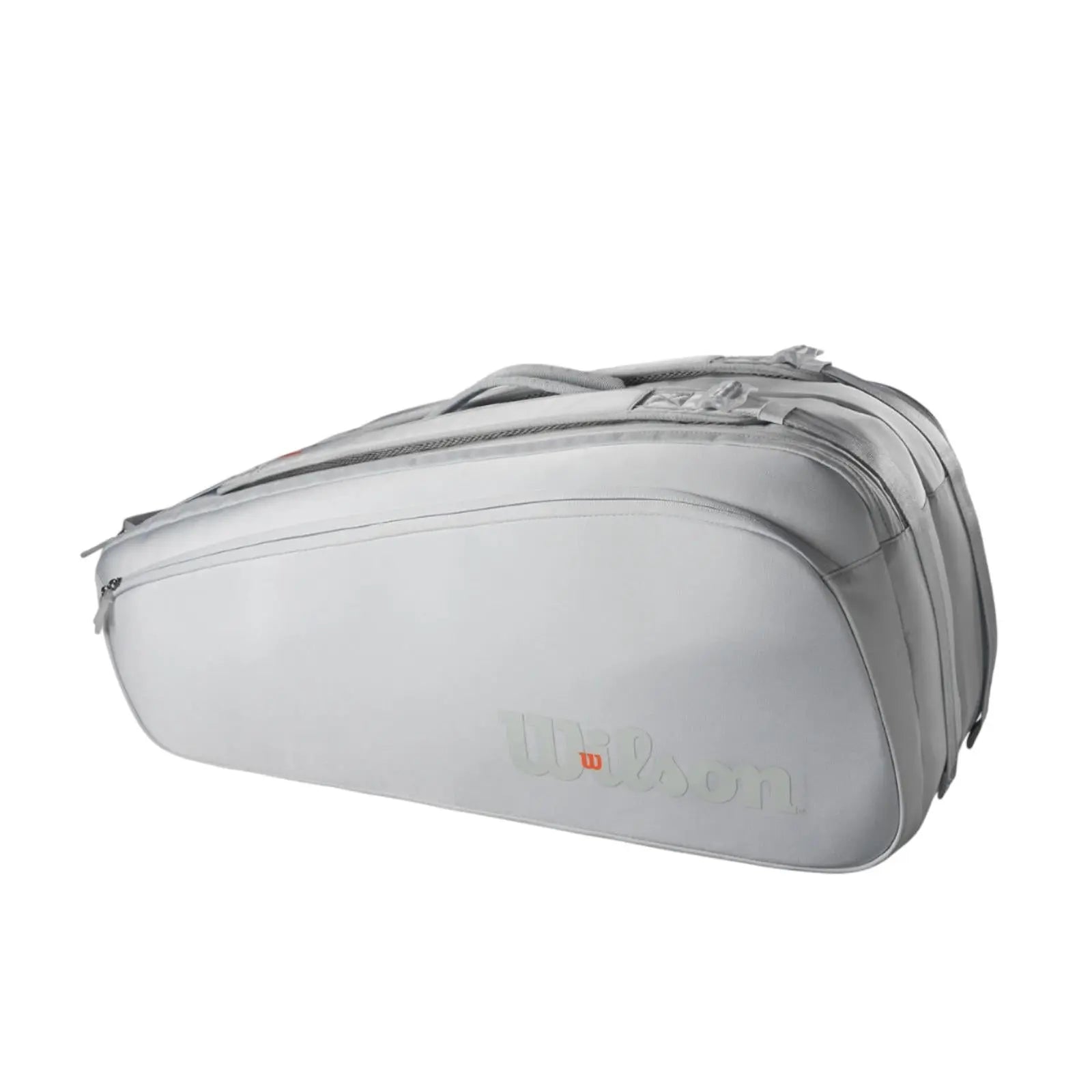 Wilson Shift Super Tour 9 Racquets tennis bag in white with red logo, showing its spacious design.