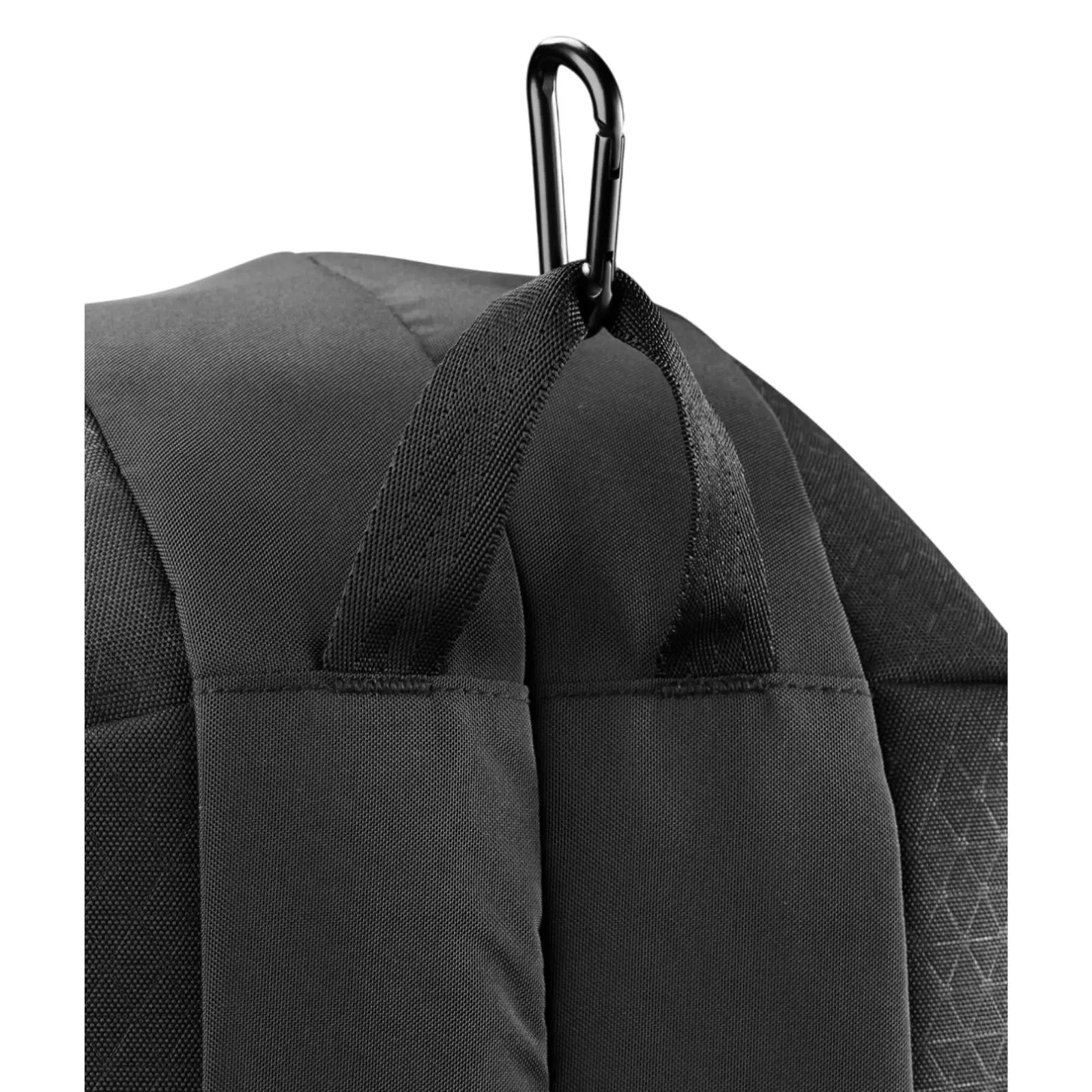 Close-up of the black Wilson Super Tour Clash v3 tennis bag's top handle with a triangular carabiner.