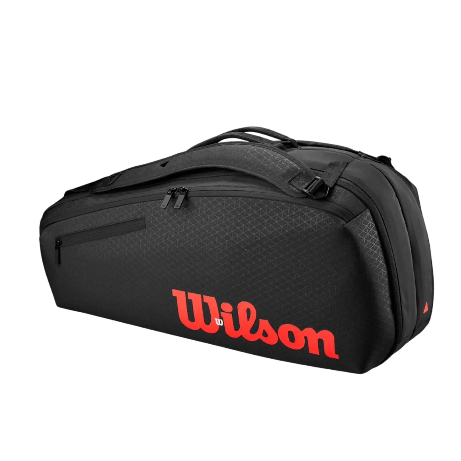 Black Wilson Super Tour Clash v3 6 Racquet tennis bag with red logo and subtle triangle pattern.