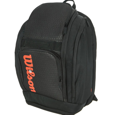 Black Wilson Super Tour Clash v3 tennis backpack with red logo and textured panels.