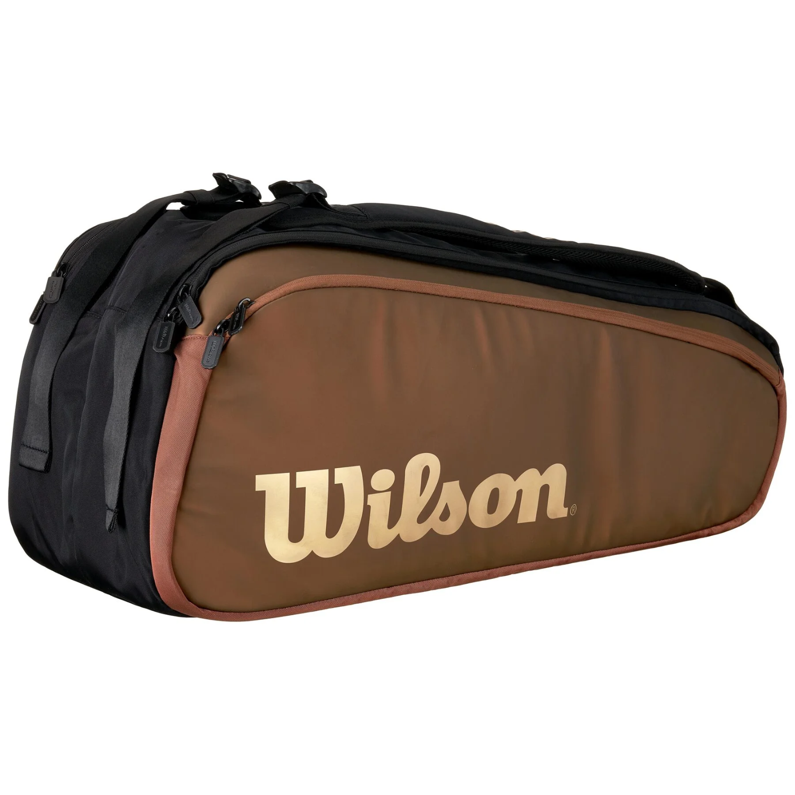 Wilson Super Tour PRO Staff 9 Racquet tennis bag in black and gold/brown with large Wilson logo.