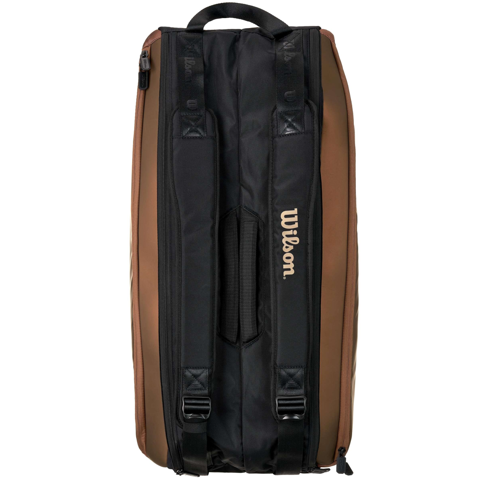 Wilson Super Tour PRO Staff 9 Racquet Tennis Bag in gold and black with padded straps.