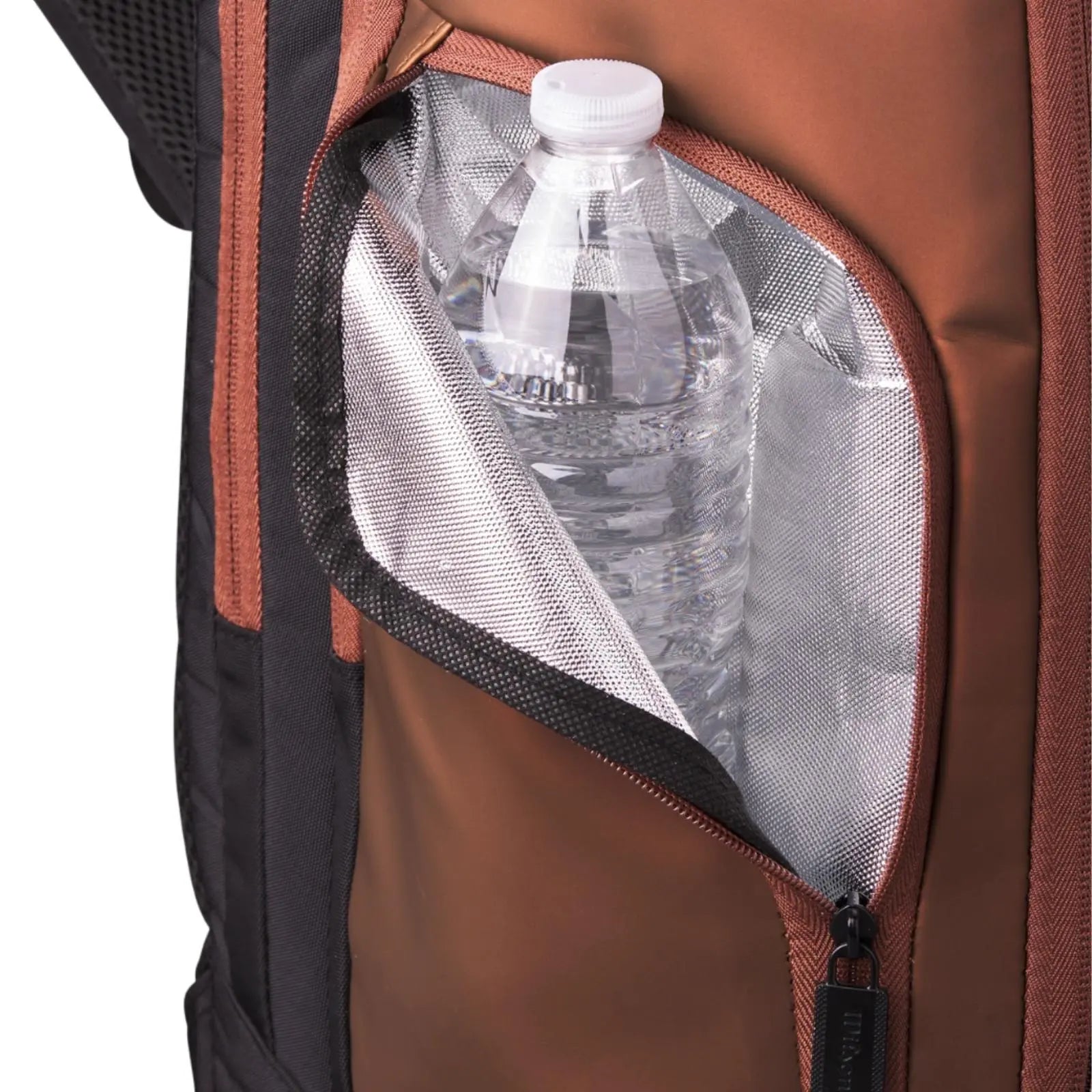 Wilson Super Tour PRO Staff Backpack in gold with a thermo-regulated pocket holding a water bottle.