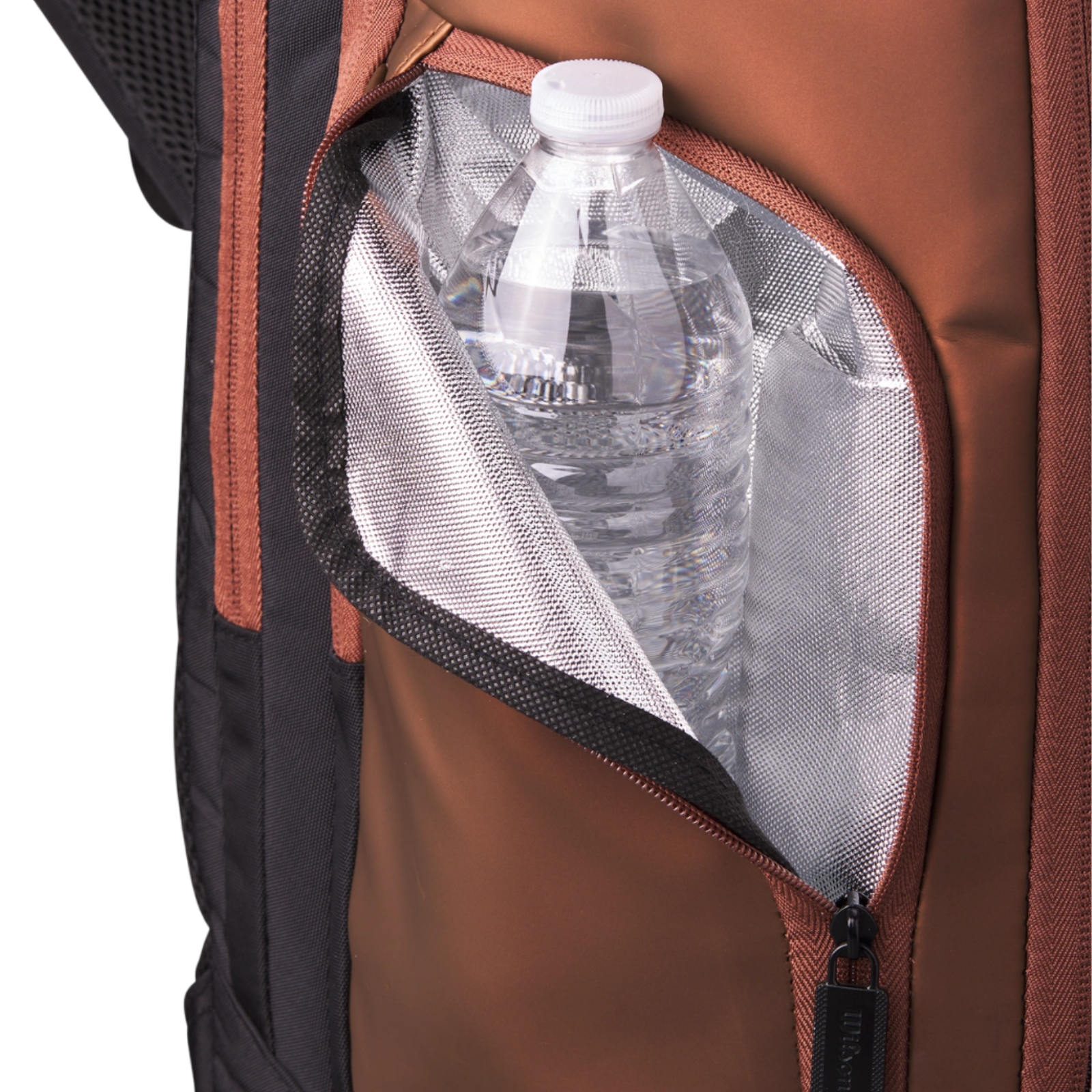 Wilson Super Tour PRO Staff Backpack in gold with a thermo-regulated pocket holding a water bottle.