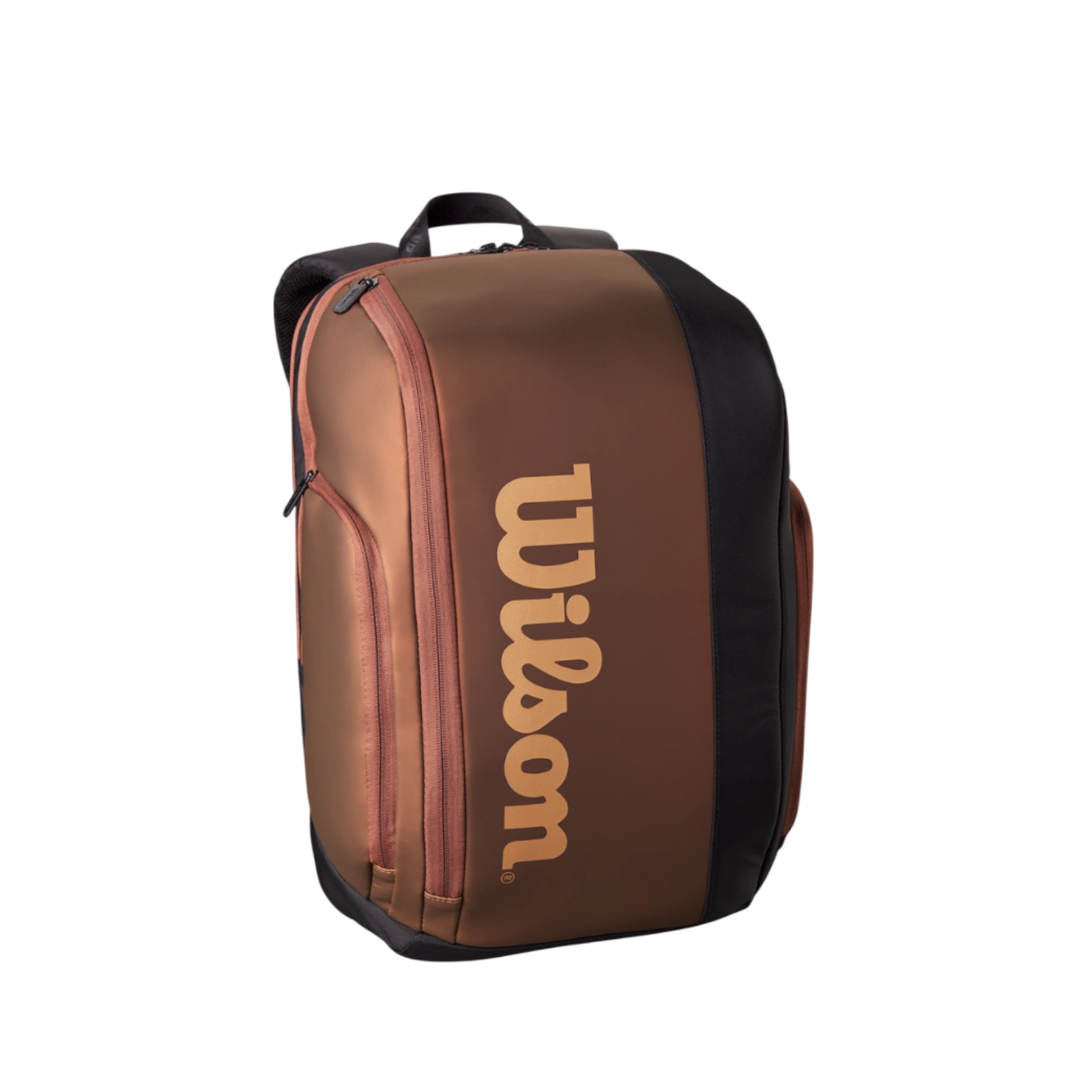 Wilson Super Tour PRO Staff tennis backpack in gold and black with front zipper pockets.