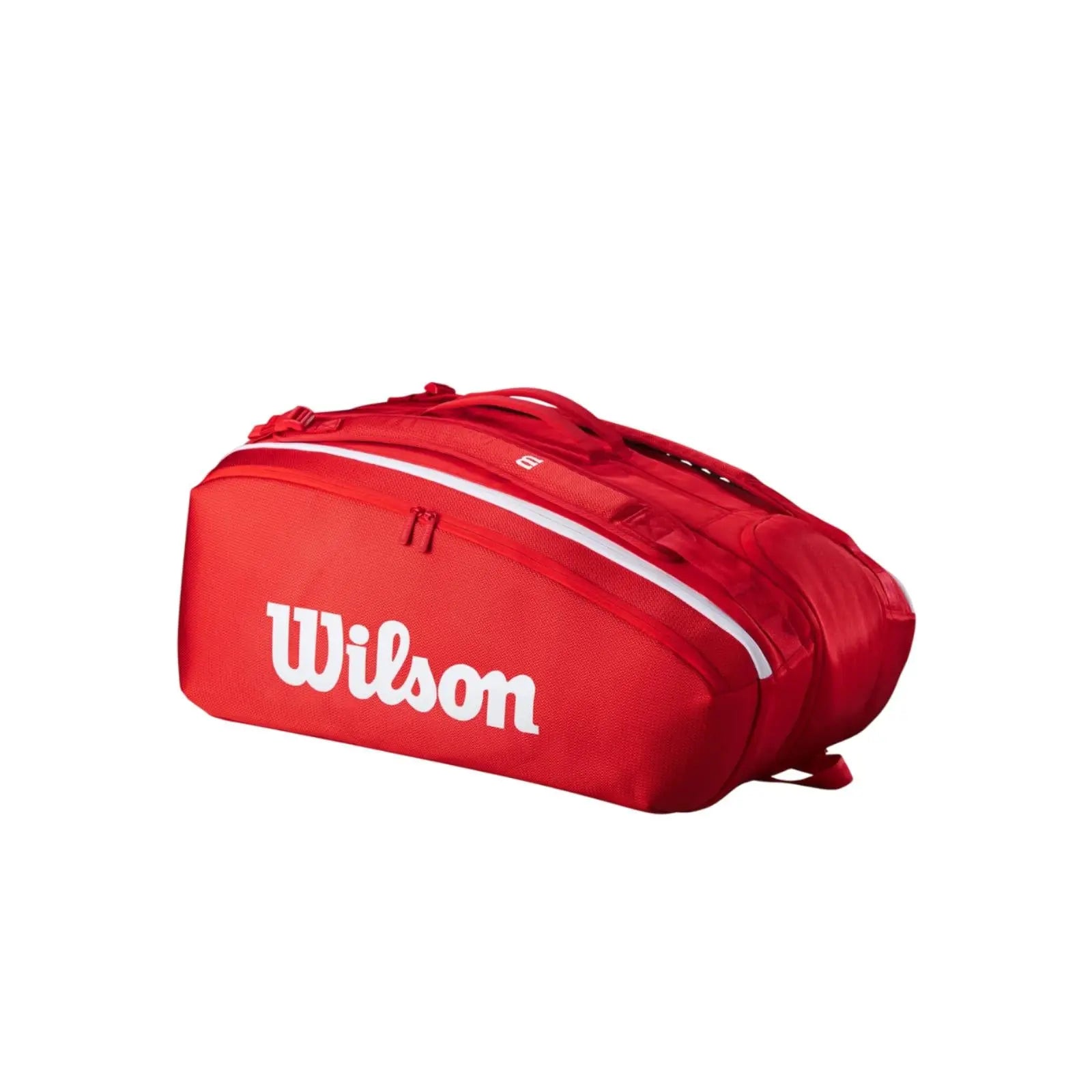 Wilson Super Tour red tennis bag for 15 racquets, with white logo and accents.