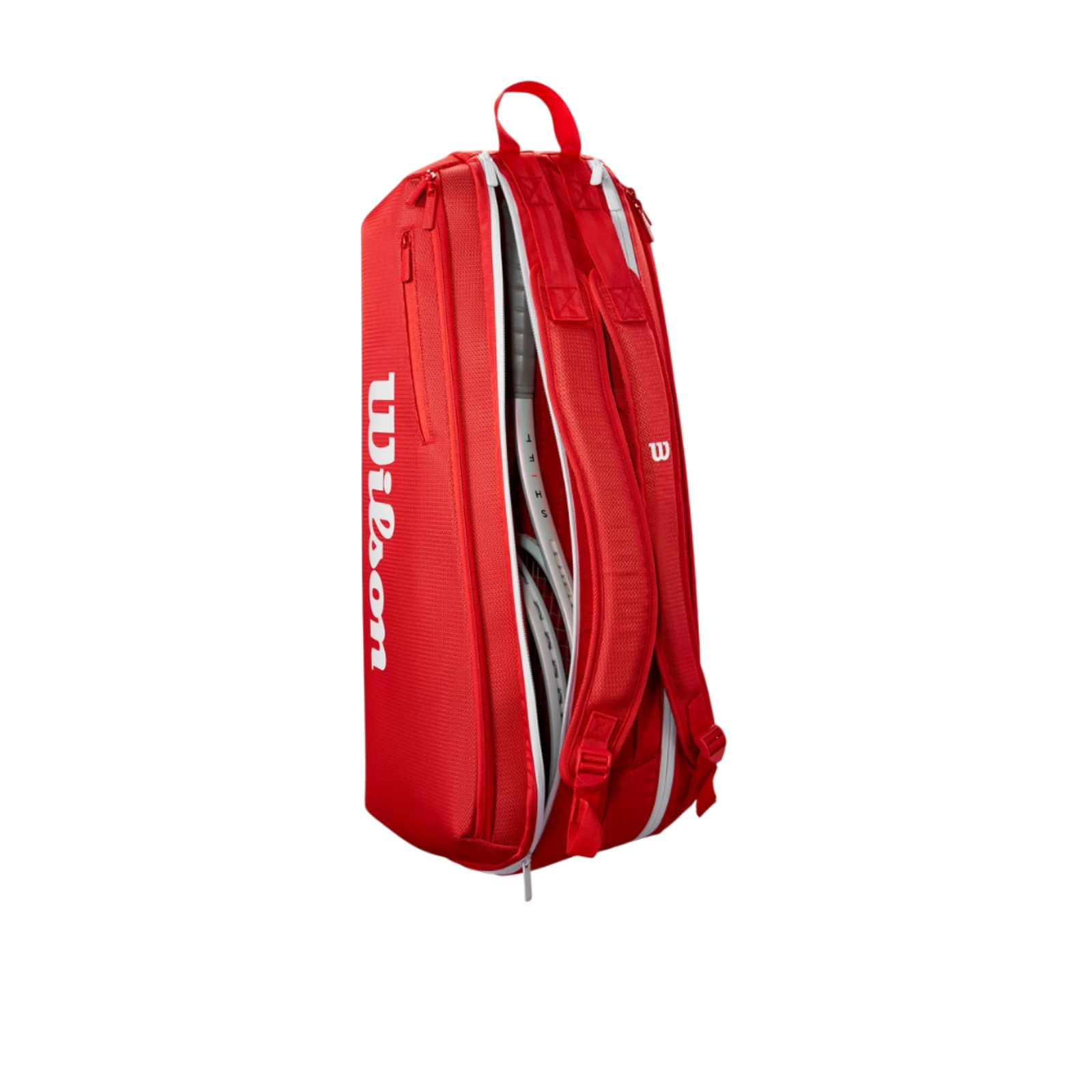 Wilson Super Tour red tennis bag with white logo, holding racquets, featuring backpack straps.