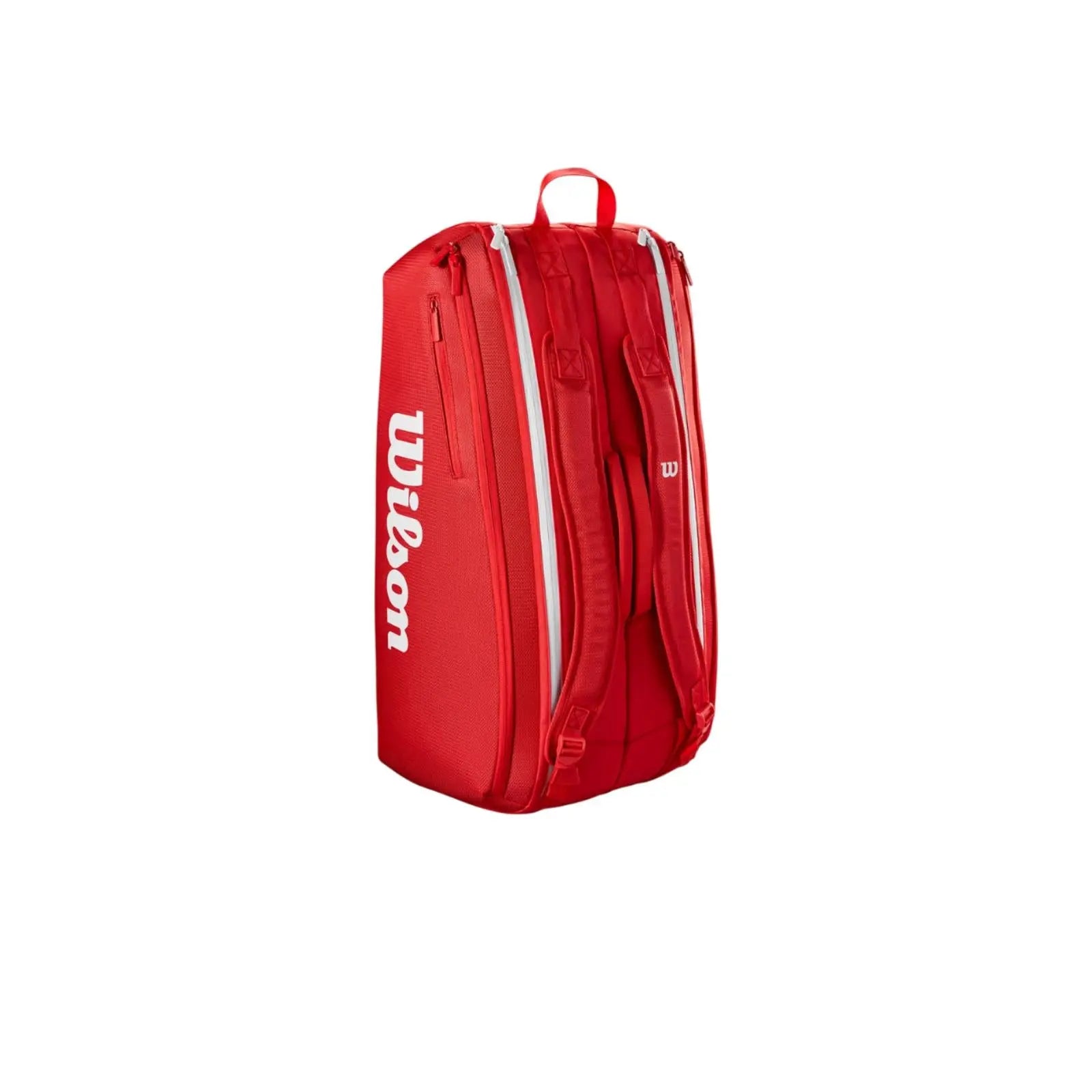 Red Wilson Super Tour tennis bag for 9 racquets, featuring white logo, zippers, and padded backpack straps.