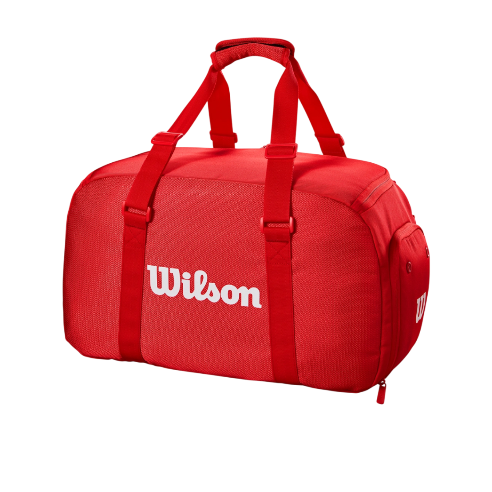 Red Wilson Super Tour small duffel tennis bag with padded handles and side pockets.