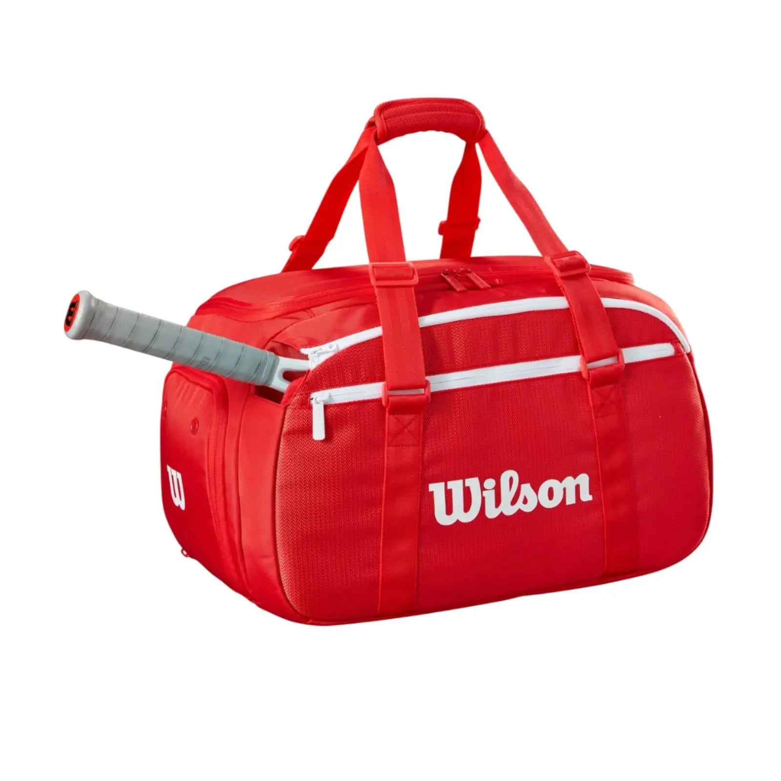 Red Wilson Super Tour small duffel tennis bag with a racket handle protruding from a side pocket.