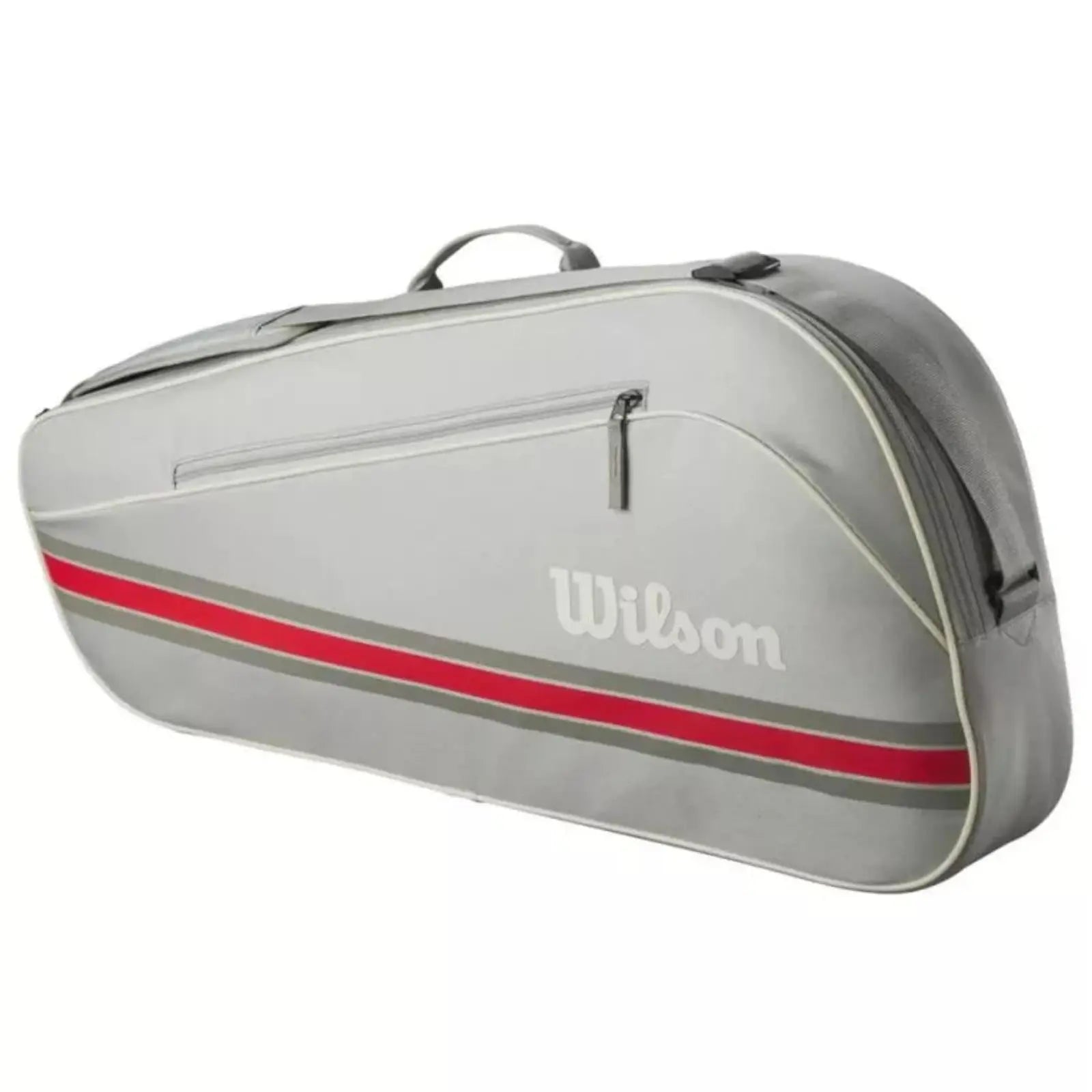 Wilson Team 3R grey tennis bag with red and grey stripes, front zipper pocket, and top handle.