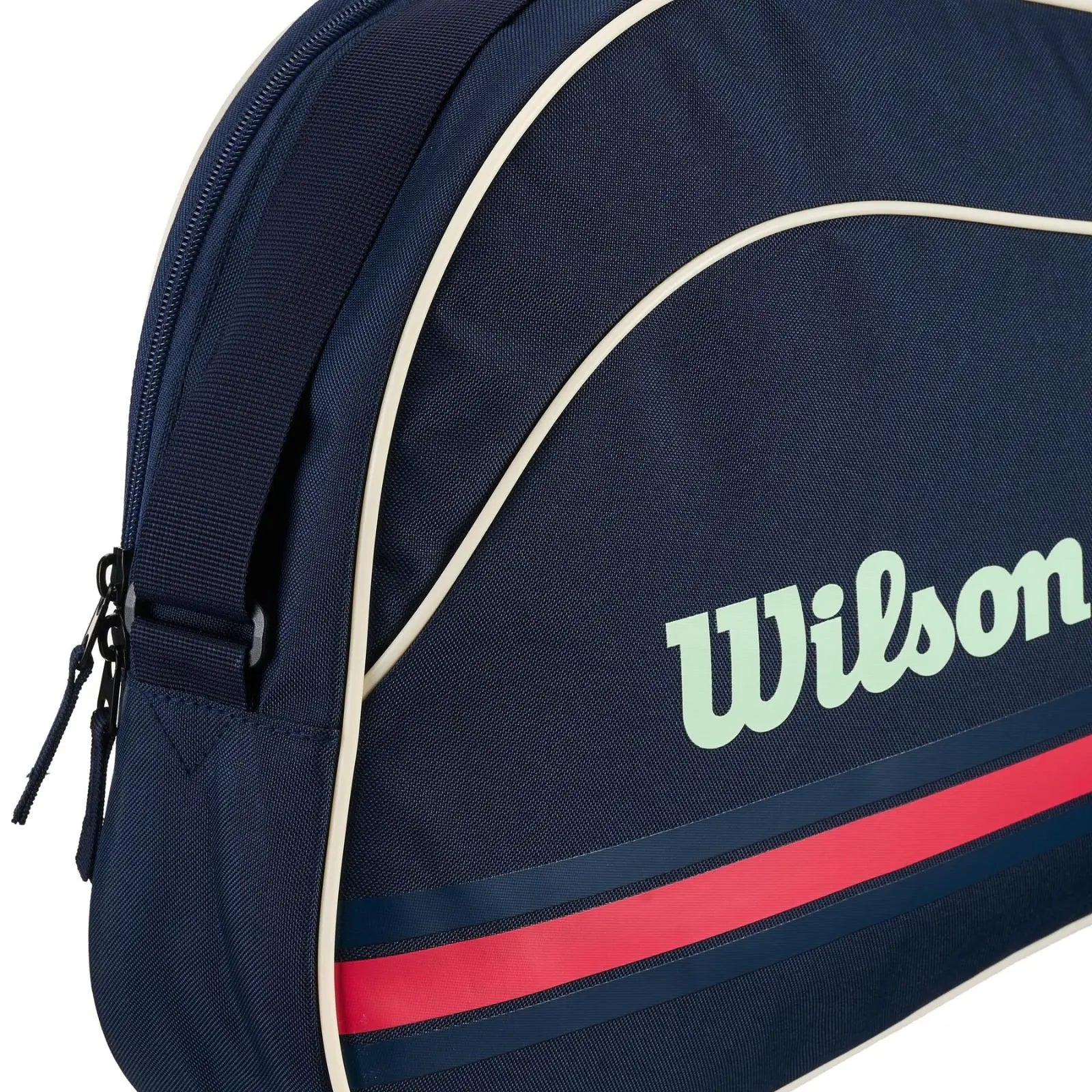 Navy Wilson tennis bag for 3 racquets with light green logo, red and navy stripes, and a zipper.