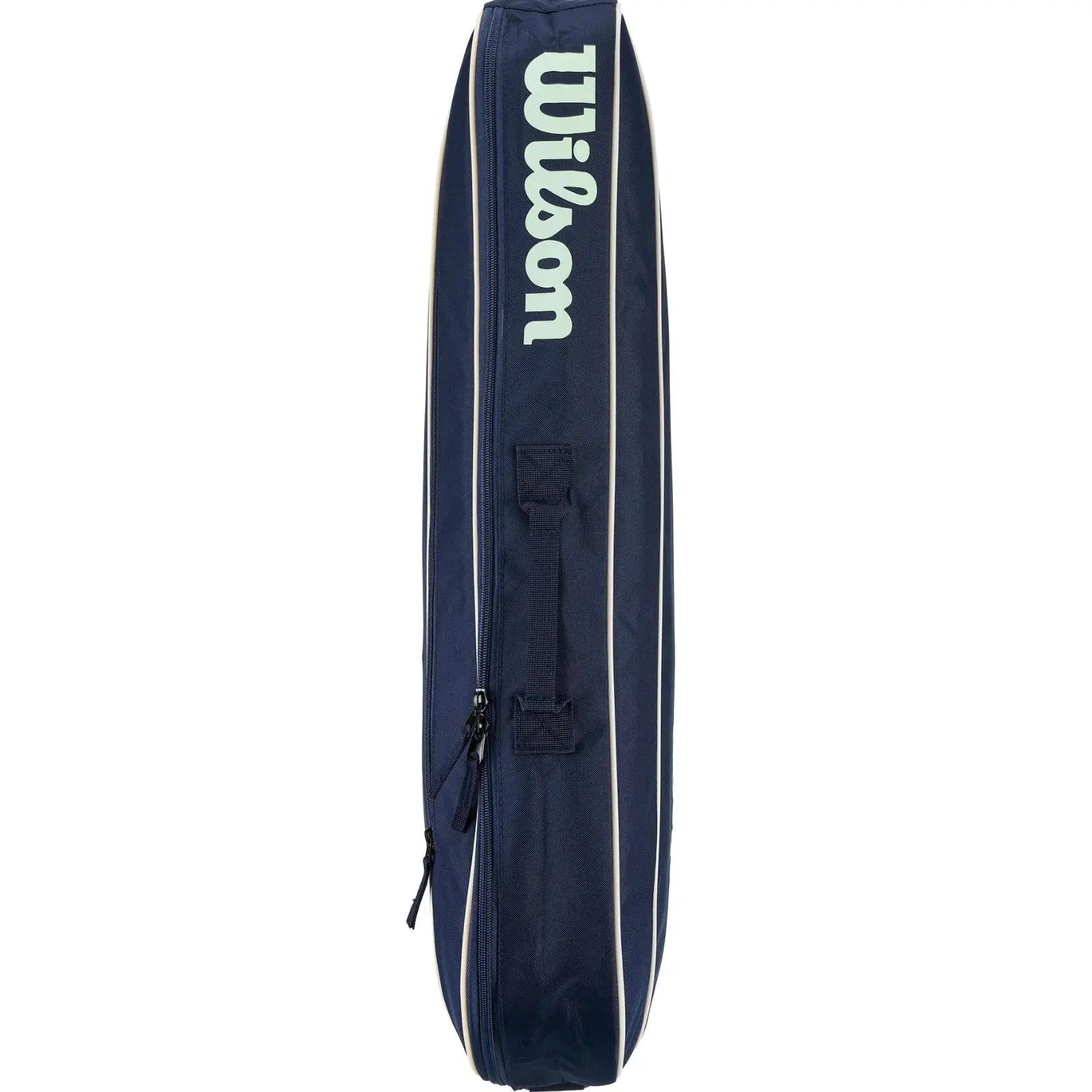 Navy Wilson Team 3 Pack tennis bag with white trim, large Wilson logo, and front zipped pocket.