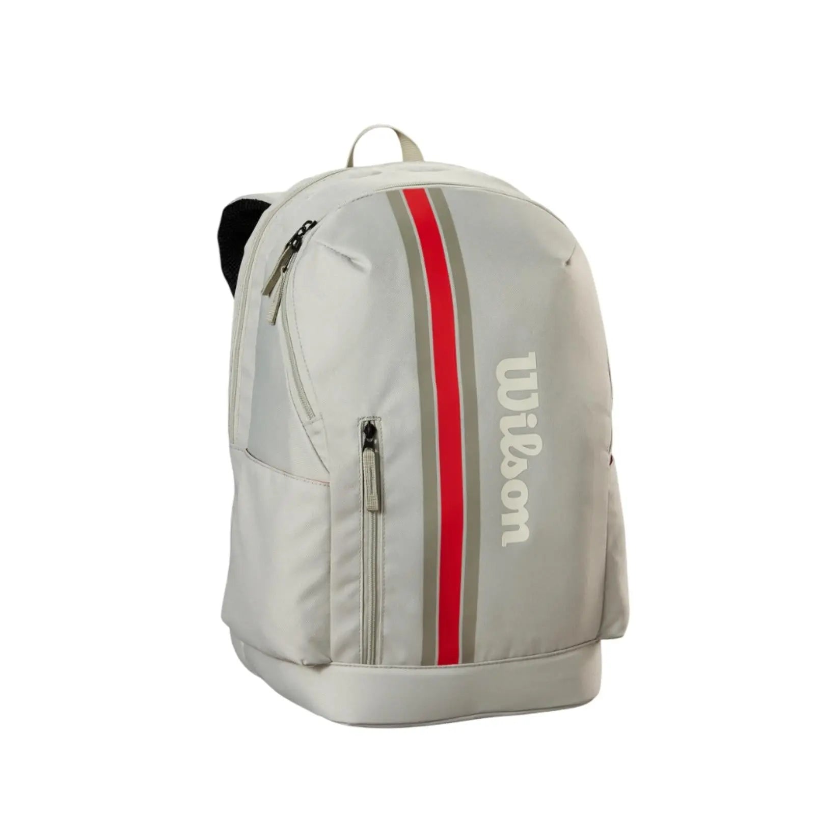 Grey Wilson Team tennis backpack with red and grey stripes, white Wilson logo, and multiple zip pockets.