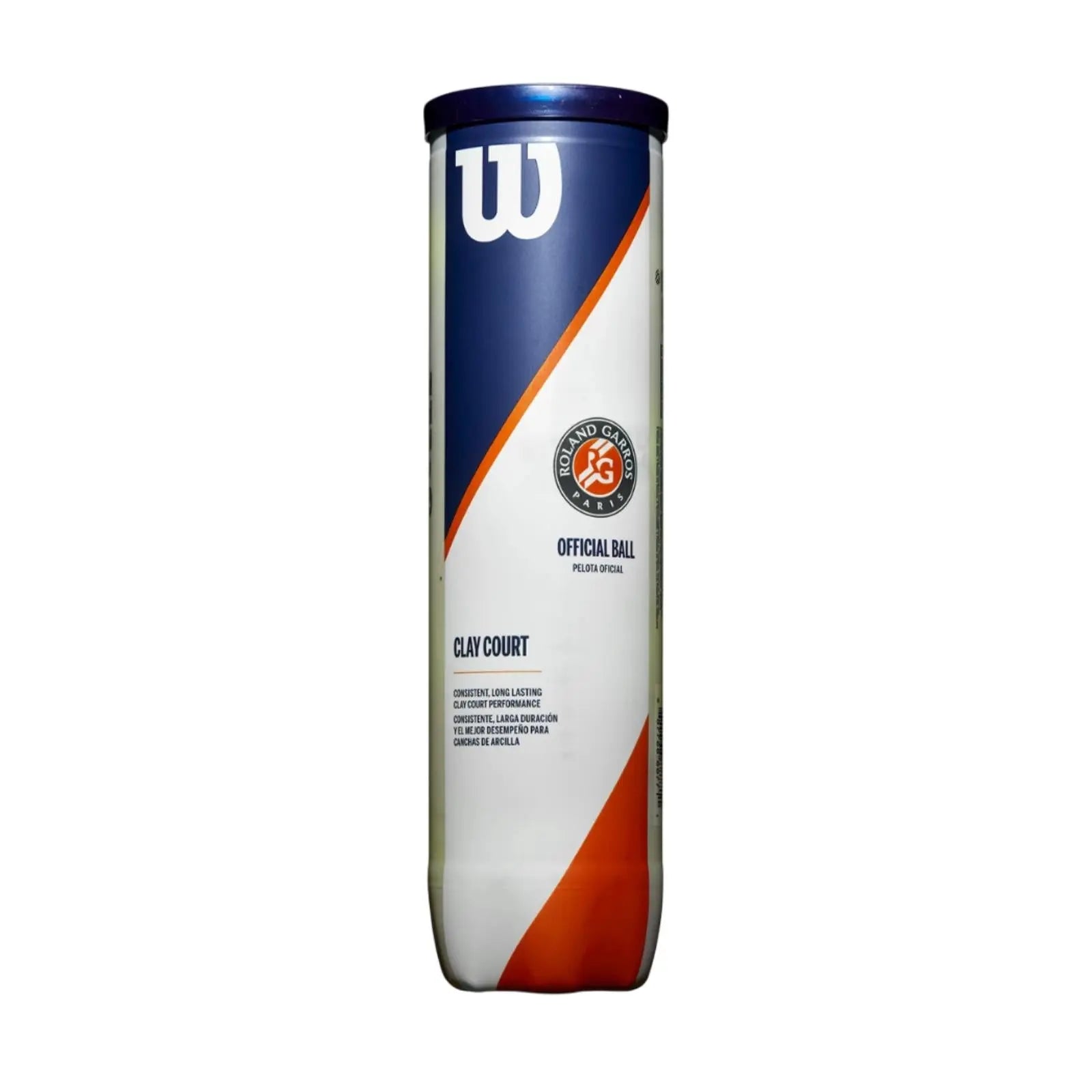Wilson Roland Garros Clay Court 4-ball can with blue lid, white, blue, and orange design.