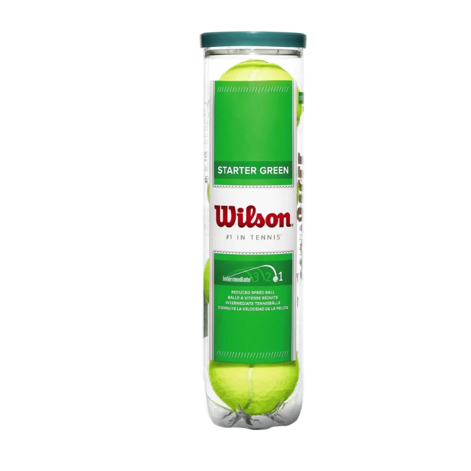 Wilson Starter Green 4Tball tennis balls in a clear plastic can with a green lid.
