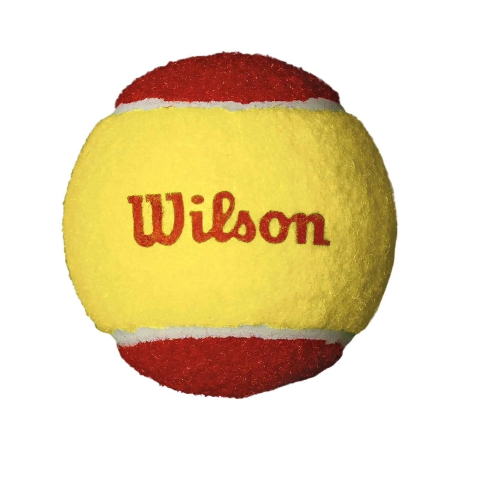 Yellow and red Wilson tennis ball with ultra-low compression, designed for young beginners.