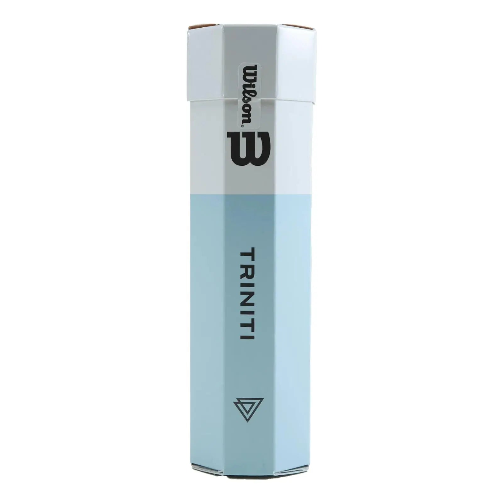Wilson Triniti All Court 4-ball tennis ball pack, light blue and white hexagonal tube.